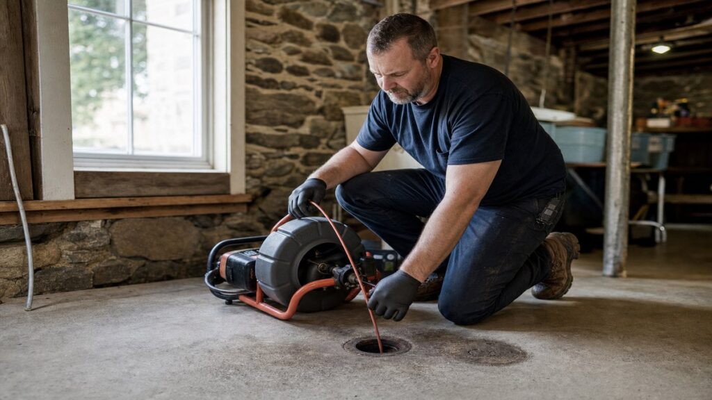 Plumber clearing a clogged drain with a drain snake in a Connecticut home