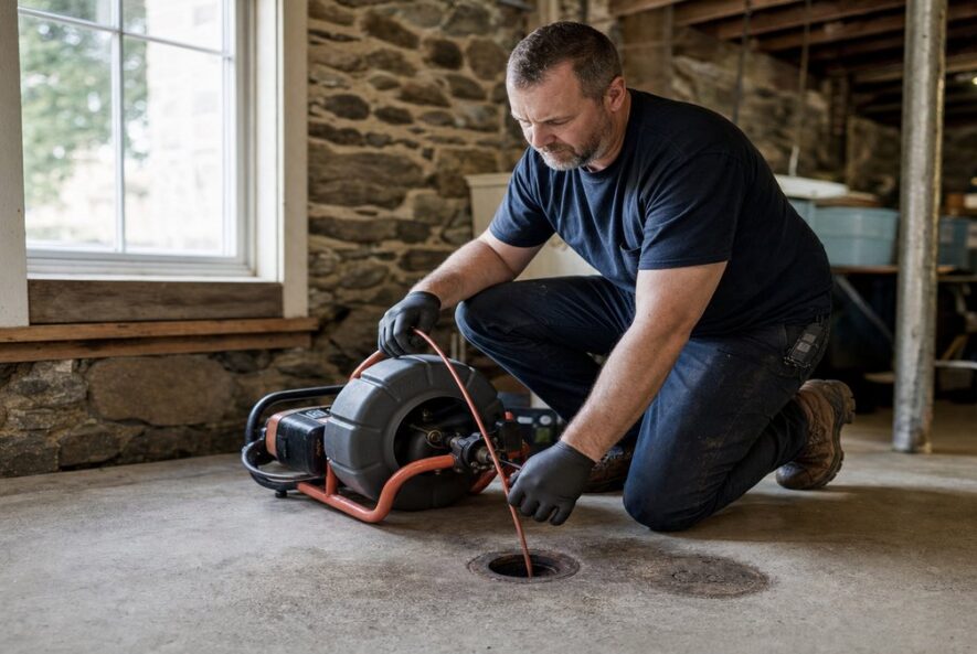 Plumber clearing a clogged drain with a drain snake in a Connecticut home