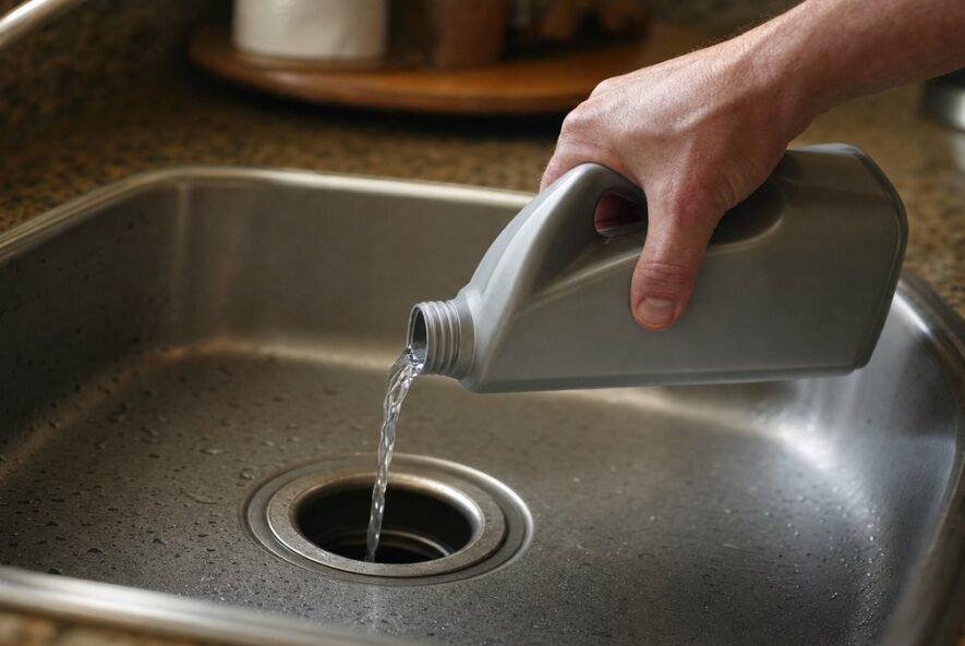 Homeowner holding a bottle of liquid drain cleaner next to a bathroom sink