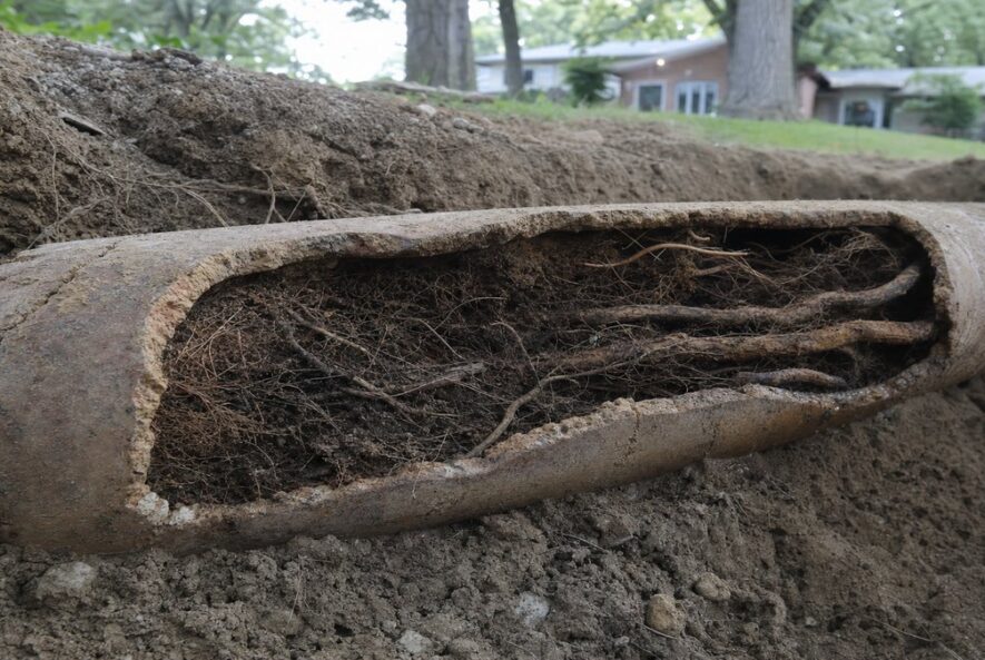 Tree roots growing into an old clay sewer pipe