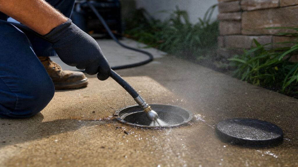 Hydro jetting equipment clearing a residential sewer line