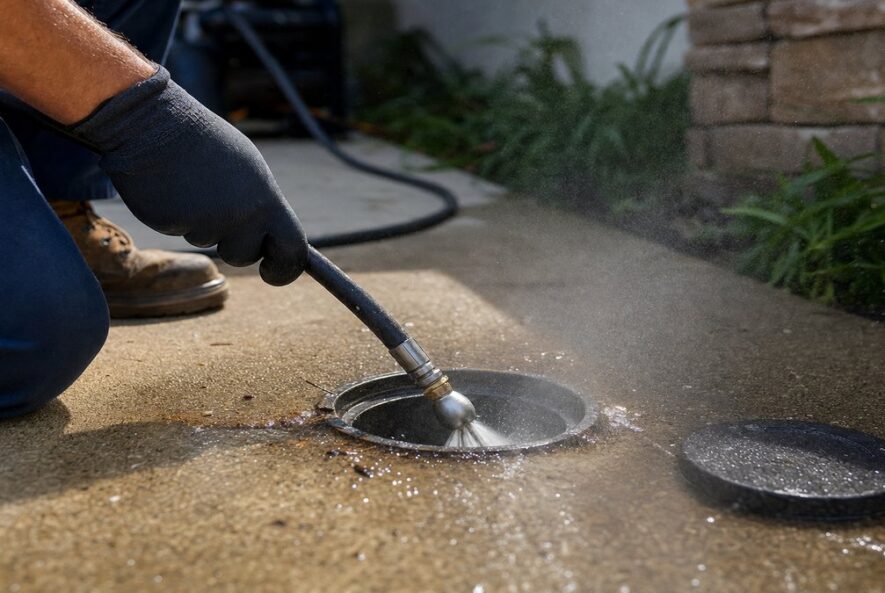 Hydro jetting equipment clearing a residential sewer line