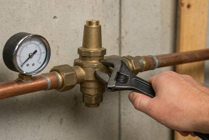 Plumber adjusting a water pressure regulator on a main supply line