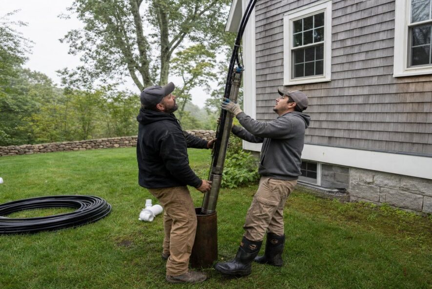 Residential well pump system with pressure tank in a basement
