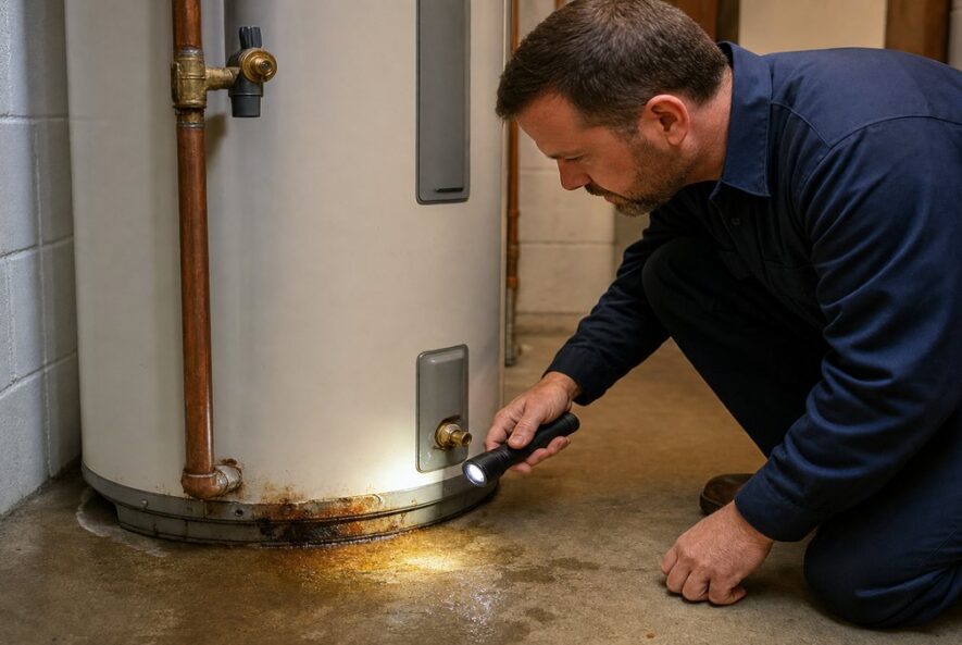 Technician inspecting the base of a tank water heater for rust and leaks