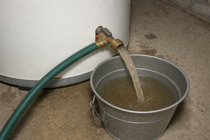 Plumber flushing sediment from a residential water heater with a garden hose