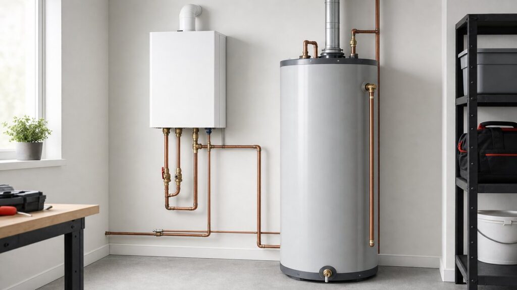Tankless water heater mounted on a wall next to a traditional tank unit