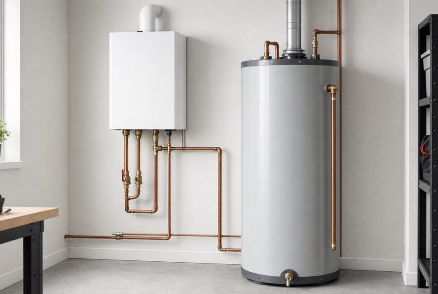 Tankless water heater mounted on a wall next to a traditional tank unit