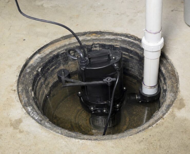 Submersible sump pump in an open sump pit in a basement floor