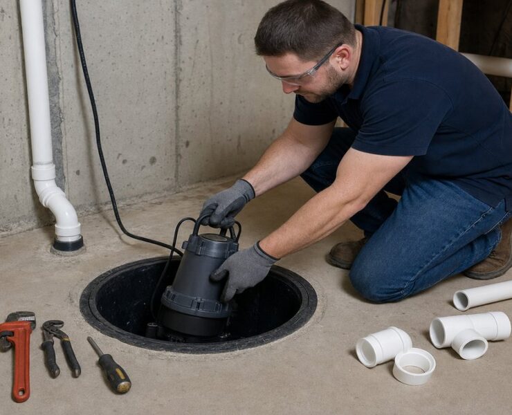 Plumber installing a new sump pump in a Connecticut basement