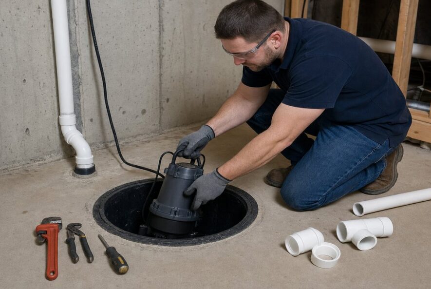 Plumber installing a new sump pump in a Connecticut basement