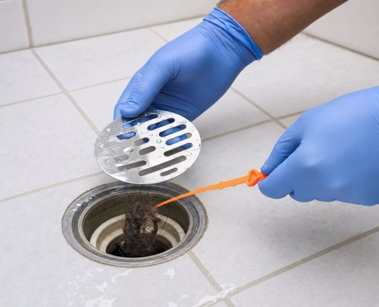 Removing a hair clog from a tiled shower drain with a drain tool