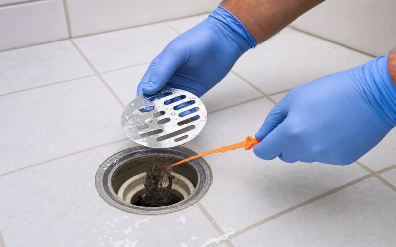 Removing a hair clog from a tiled shower drain with a drain tool