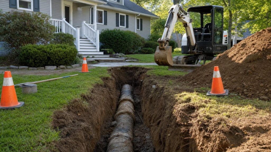 Excavated front yard trench exposing a residential sewer line for replacement