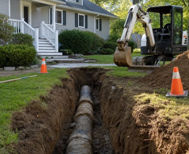 Excavated front yard trench exposing a residential sewer line for replacement