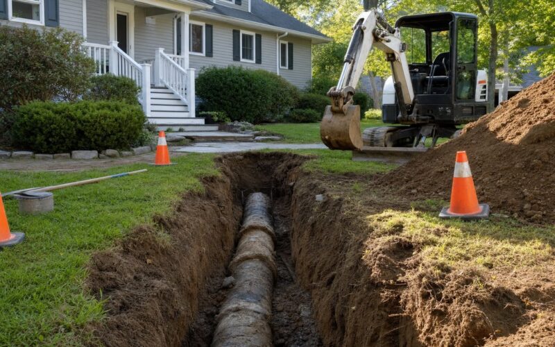 Excavated front yard trench exposing a residential sewer line for replacement
