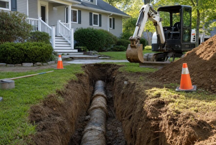 Excavated front yard trench exposing a residential sewer line for replacement