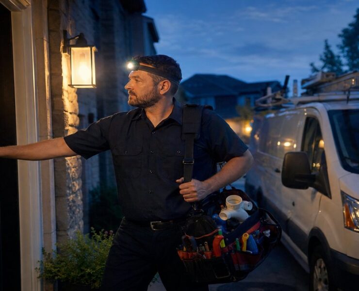 Emergency plumber arriving at a Connecticut home at night