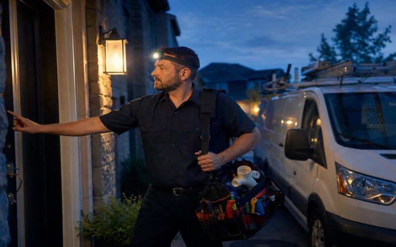 Emergency plumber arriving at a Connecticut home at night