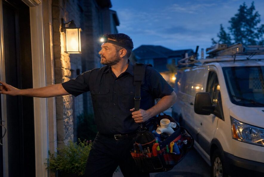 Emergency plumber arriving at a Connecticut home at night